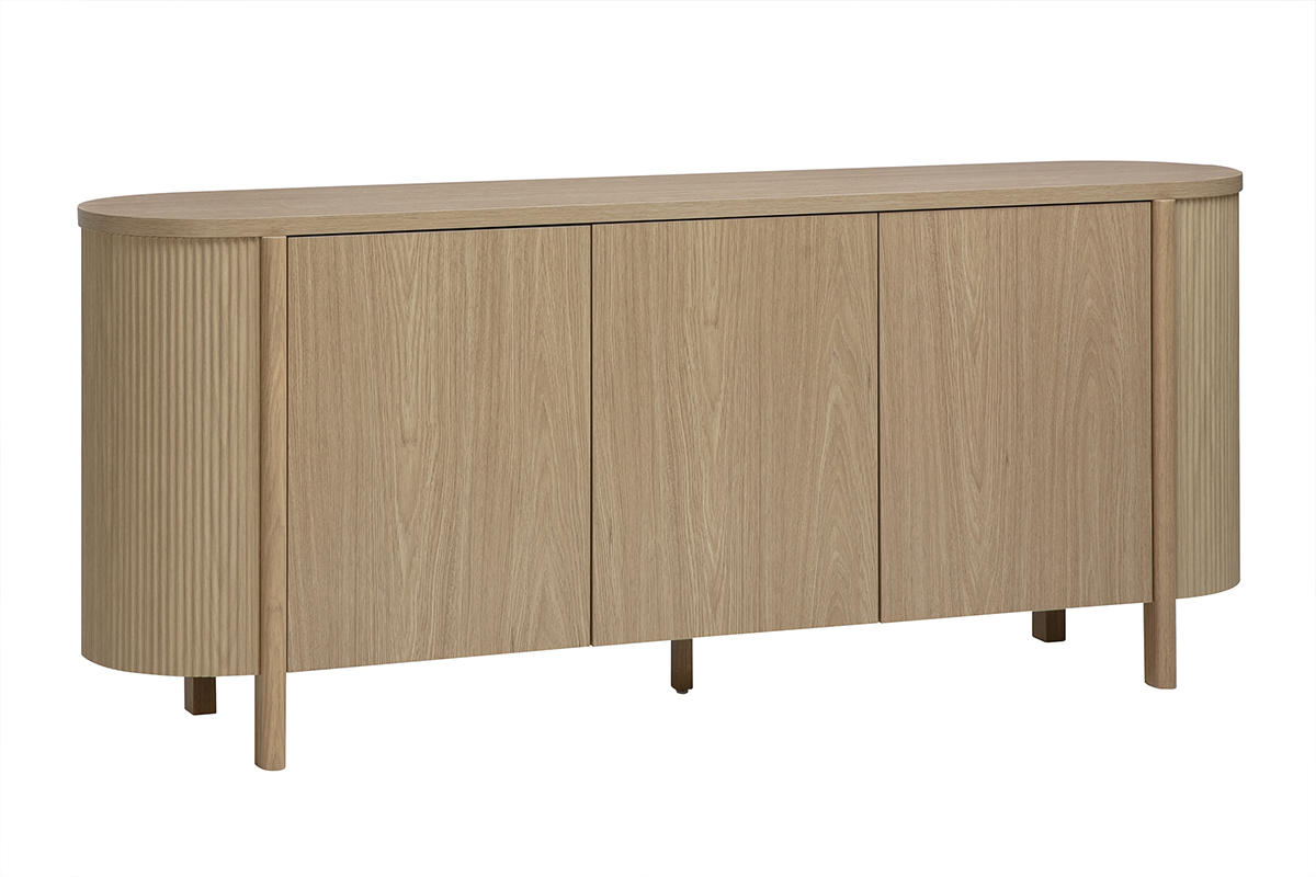 Credenza in legno chiaro di rovere a 3 ante, vista a 3/4, finitura scanalata e arrotondata.