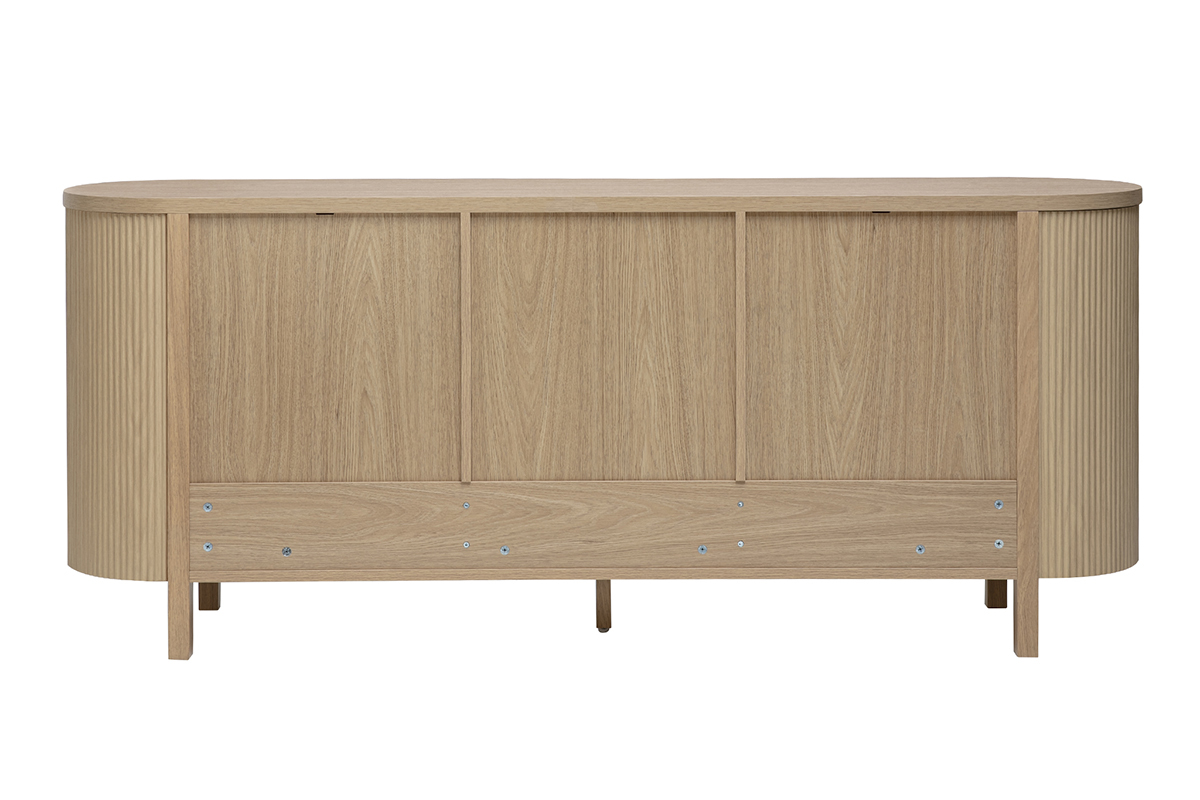 Credenza in rovere chiaro con 3 ante, vista posteriore, finitura scanalata sui lati.