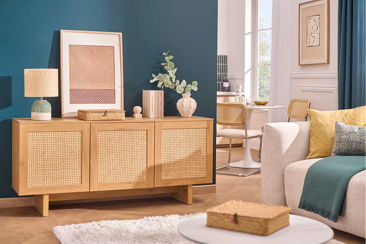 Credenza finitura legno chiaro rovere e cannage in rattan 3 ante L160 cm HERA
