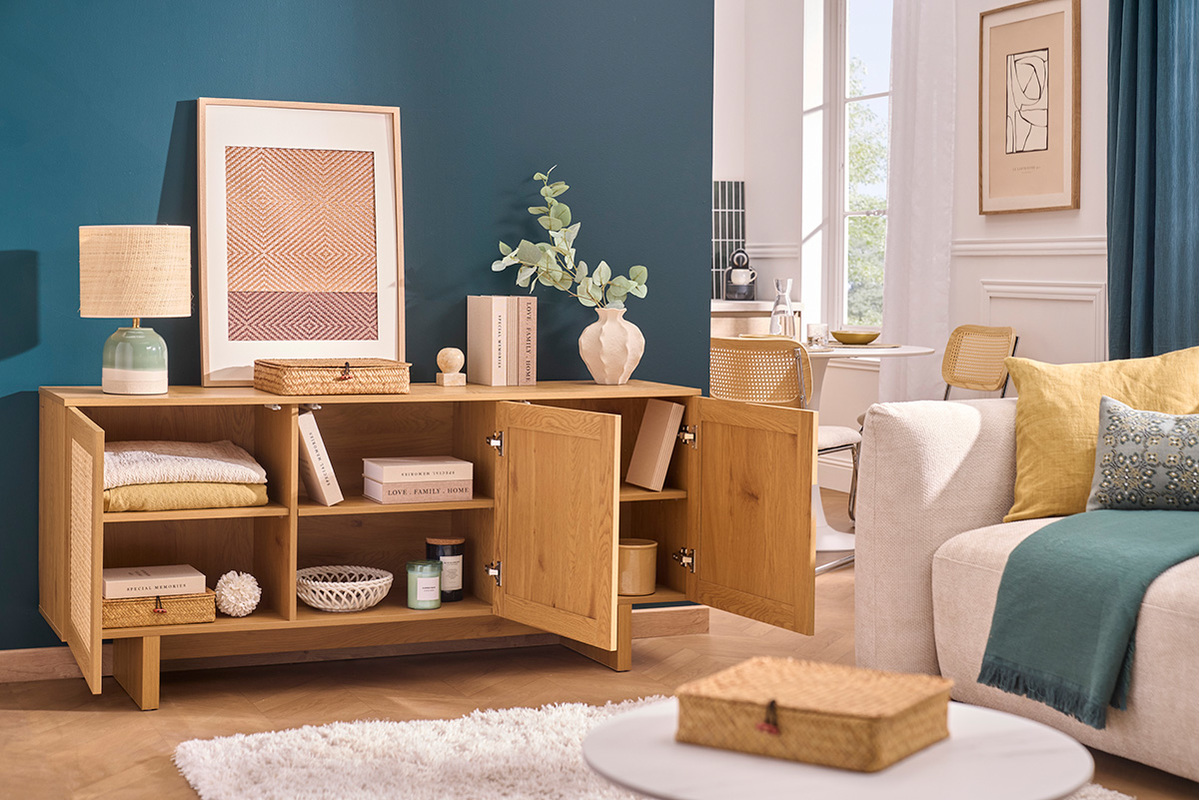 Credenza finitura legno chiaro rovere e cannage in rattan 3 ante L160 cm HERA