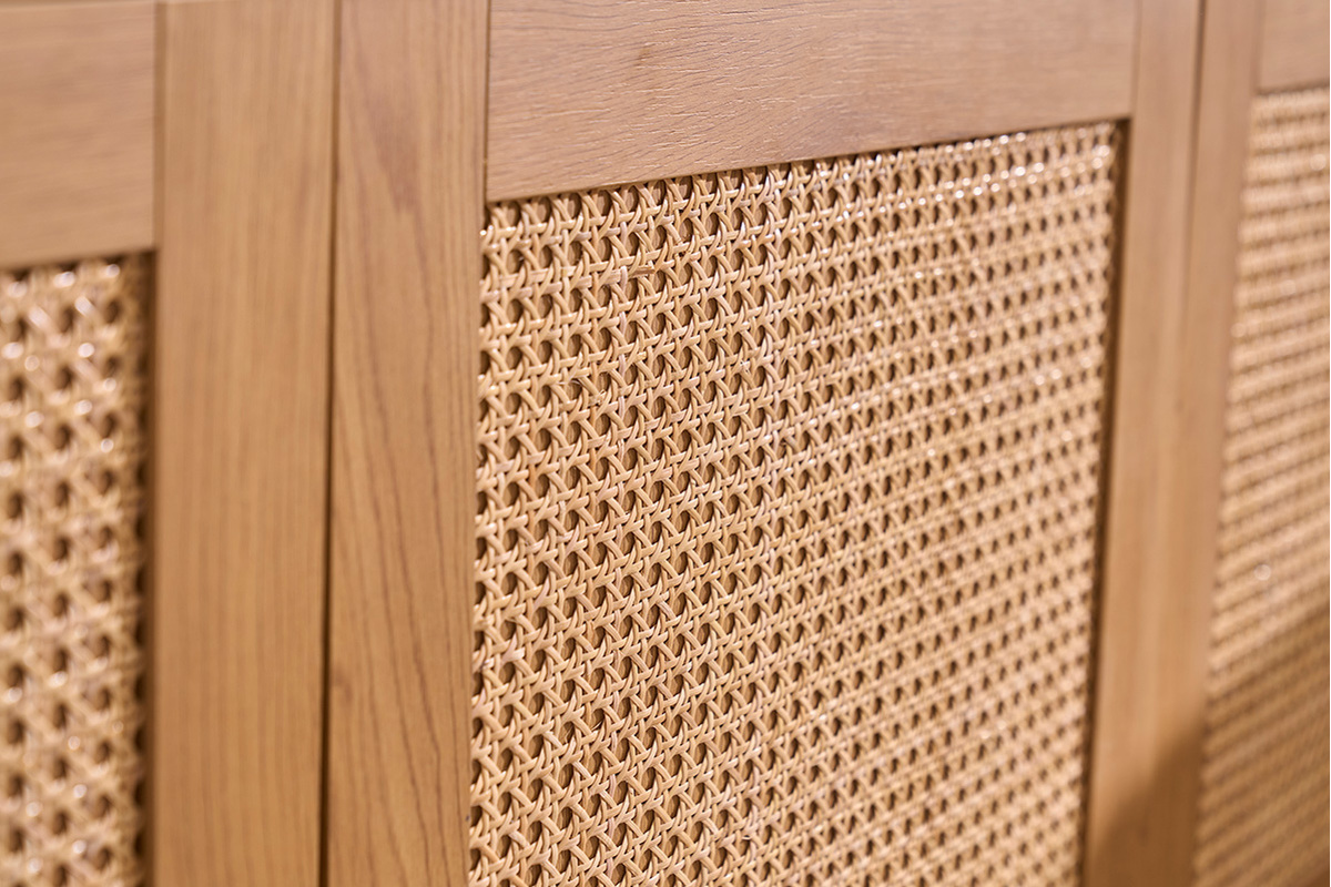 Credenza finitura legno chiaro rovere e cannage in rattan 3 ante L160 cm HERA