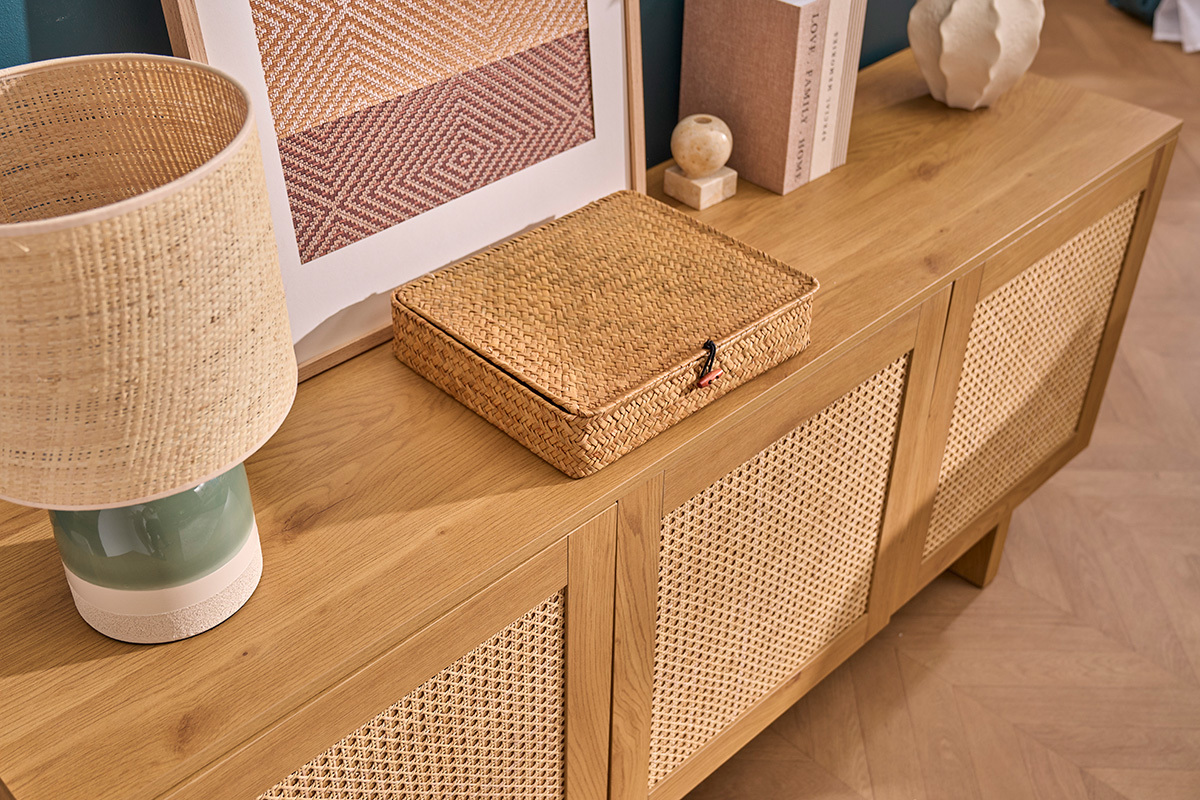 Credenza finitura legno chiaro rovere e cannage in rattan 3 ante L160 cm HERA