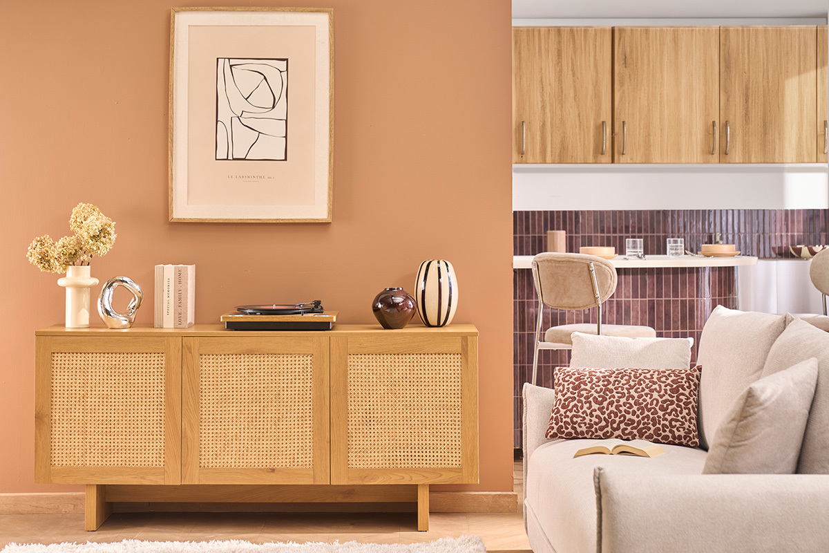 Credenza finitura legno chiaro rovere e cannage in rattan 3 ante L160 cm HERA