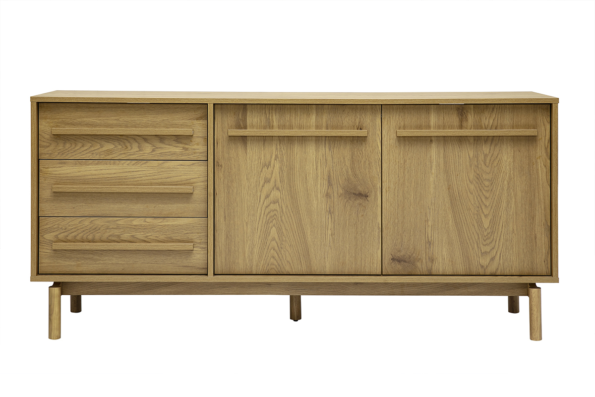 Credenza in legno chiaro finitura quercia, 2 ante e 3 cassetti, vista frontale