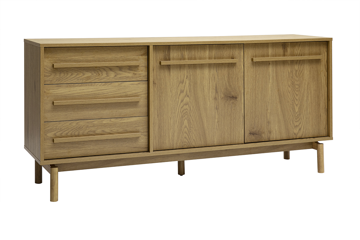 Credenza in legno di quercia con 2 ante e 3 cassetti, vista in 3/4.