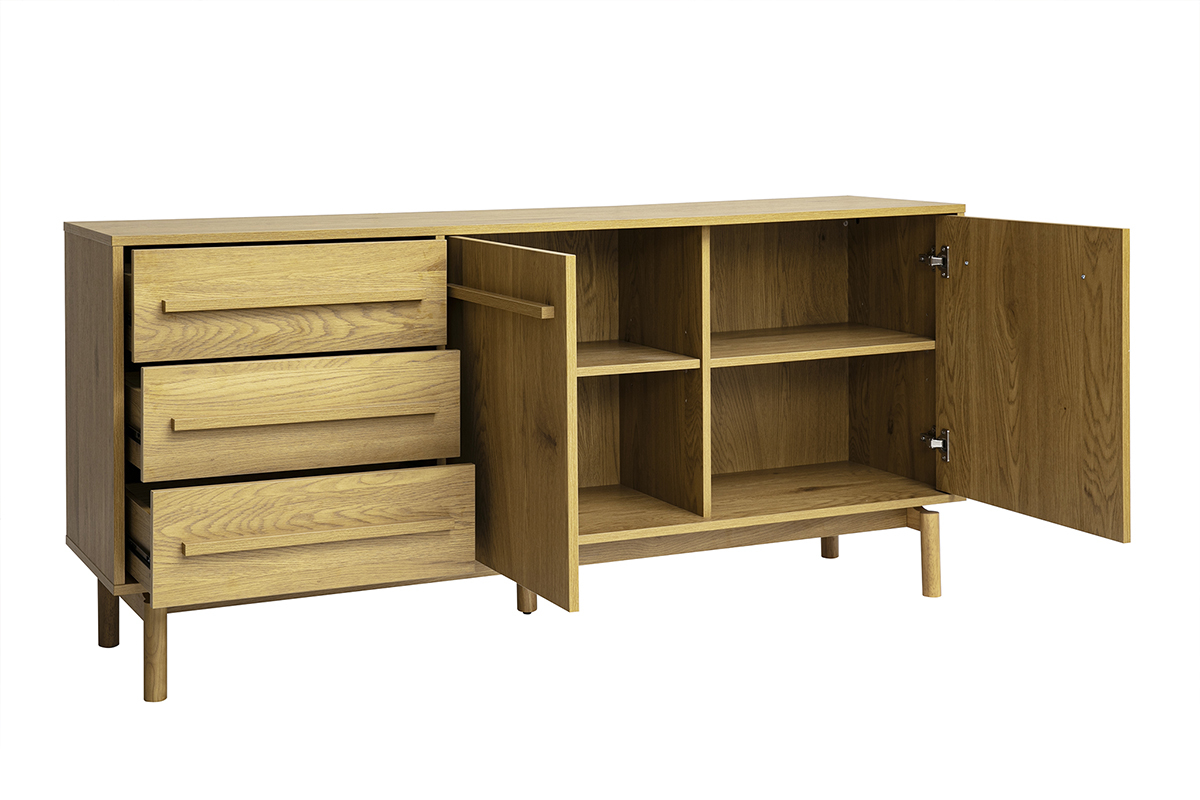 Credenza in legno di quercia con 2 porte e 3 cassetti, vista a 3/4, L160 cm.