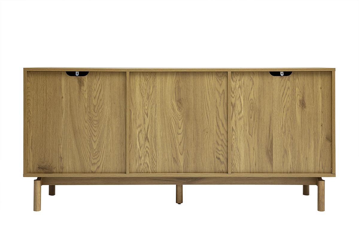Credenza in legno di quercia con 2 ante e 3 cassetti, vista posteriore, stile scandinavo, larga 160 cm.