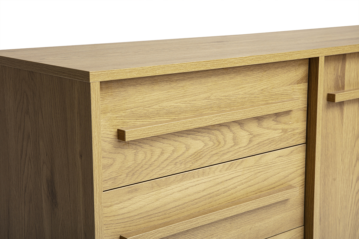 Credenza YSEULT in legno di rovere con 3 cassetti e 2 ante, vista da vicino