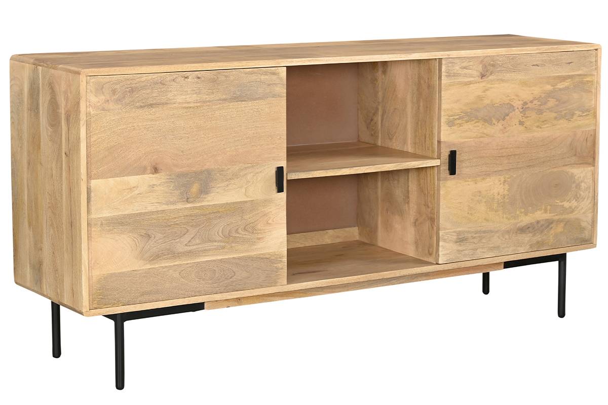 Credenza in legno chiaro massello di mango e metallo nero 2 ante L168 cm JUDE