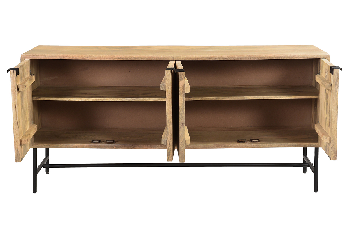 Credenza in legno massello di mango con incisioni e metallo nero 4 ante L160 cm MORISSON