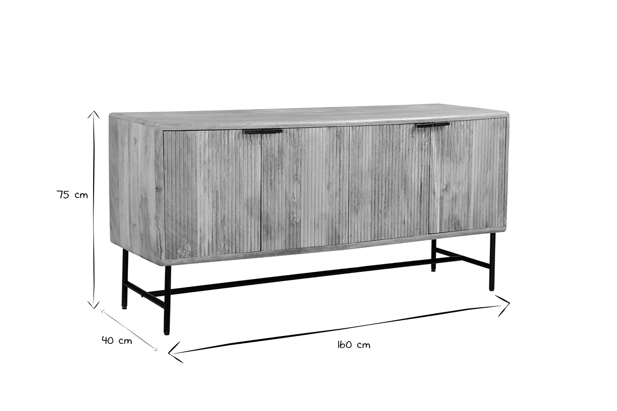 Credenza in legno massello di mango con incisioni e metallo nero 4 ante L160 cm MORISSON