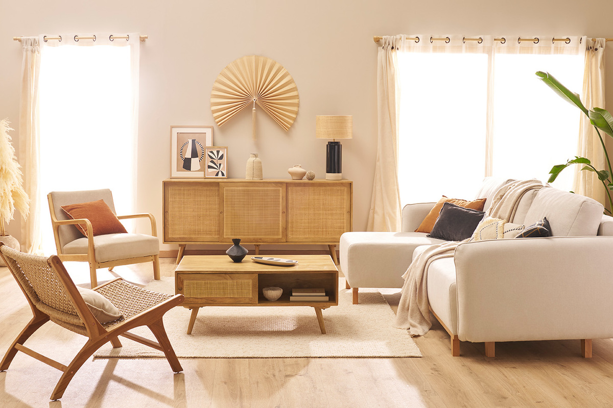 Credenza in legno massello di mango e motivo a intreccio in rattan 3 ante scorrevoli L180 cm ACANGE