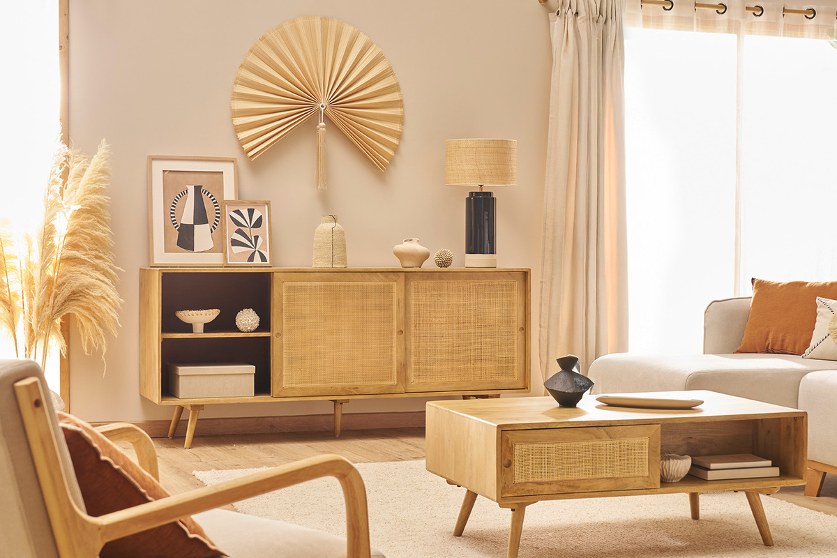 Credenza in legno massello di mango e motivo a intreccio in rattan 3 ante scorrevoli L180 cm ACANGE