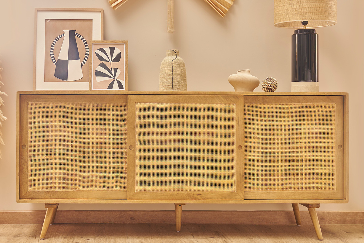 Credenza in legno massello di mango e motivo a intreccio in rattan 3 ante scorrevoli L180 cm ACANGE