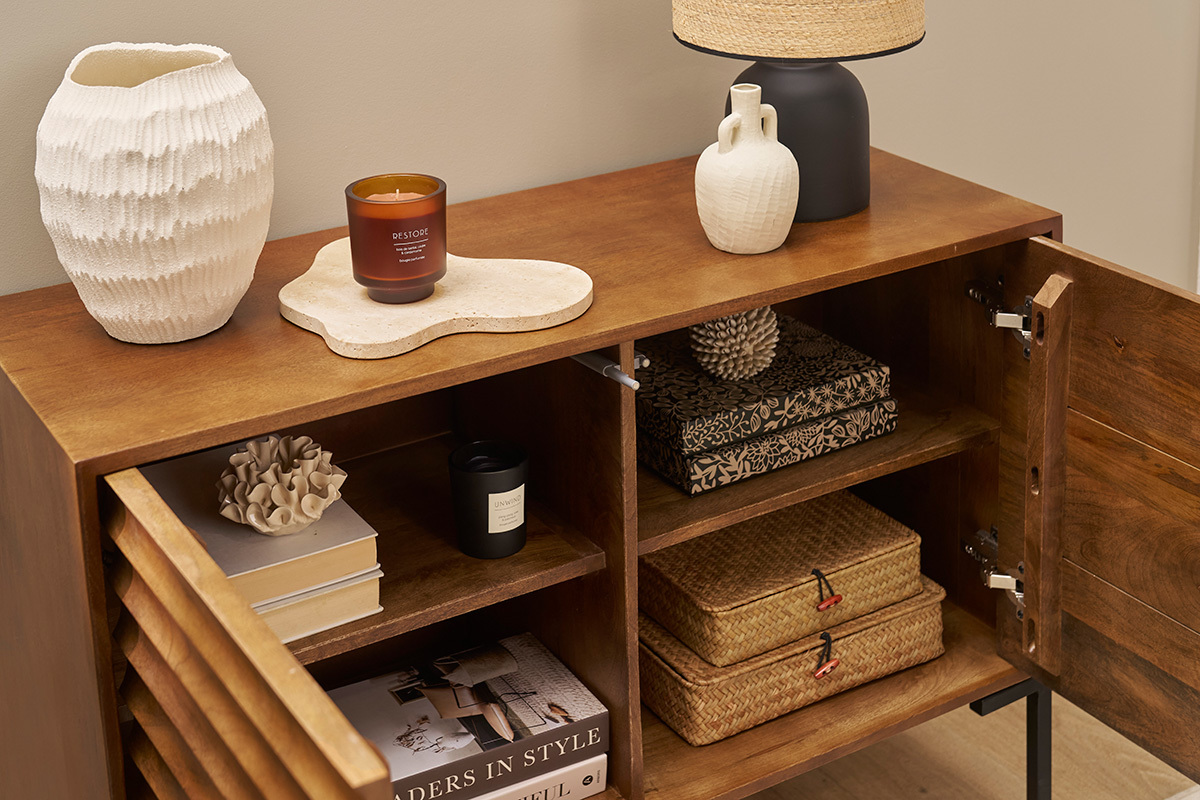 Credenza in legno scuro massello di mango e metallo nero 2 ante L100 cm ONDA