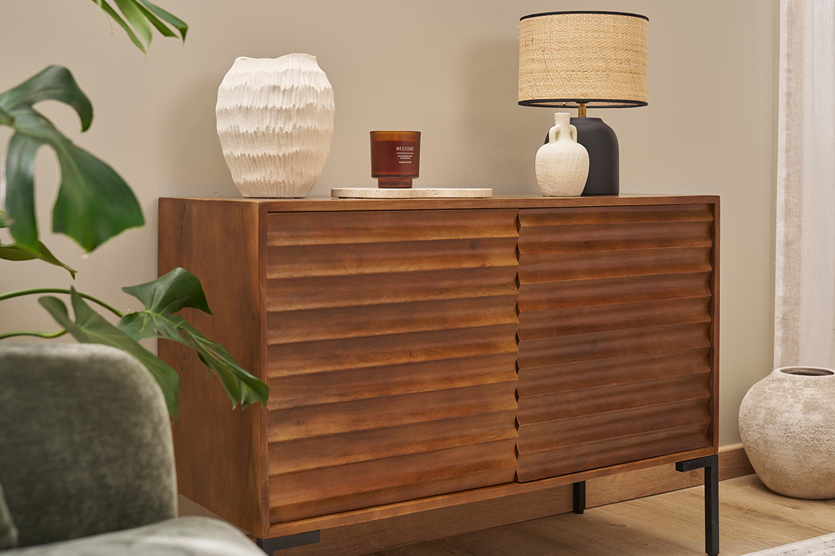 Credenza in legno scuro massello di mango e metallo nero 2 ante L100 cm ONDA