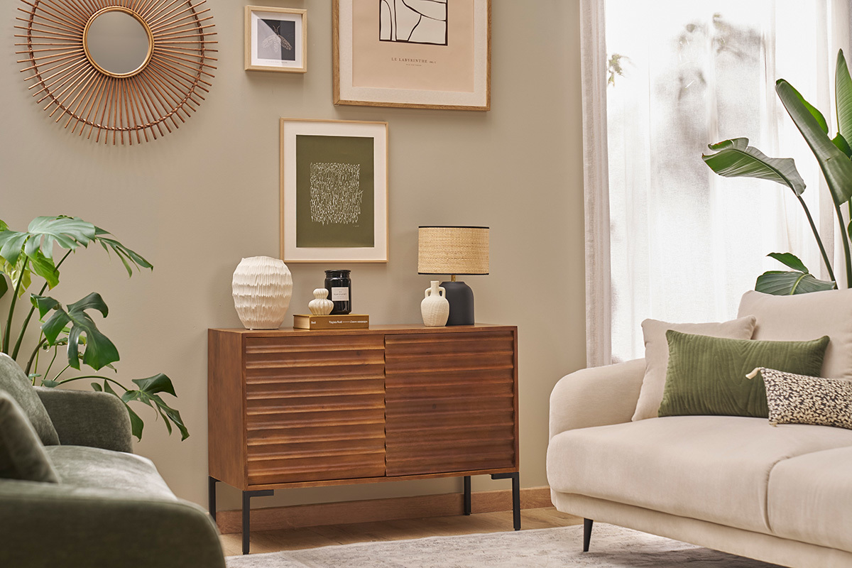 Credenza in legno scuro massello di mango e metallo nero 2 ante L100 cm ONDA