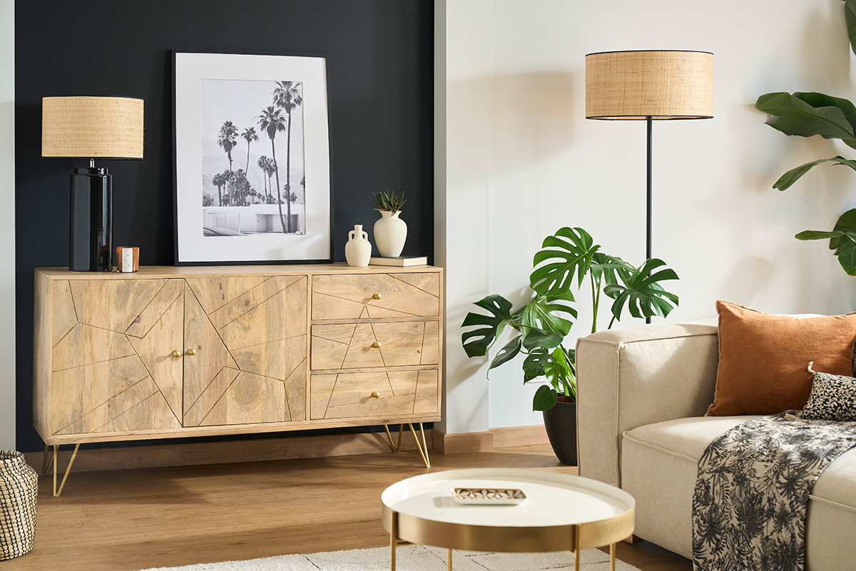 Credenza incisa in mango e metallo dorato LINIUM