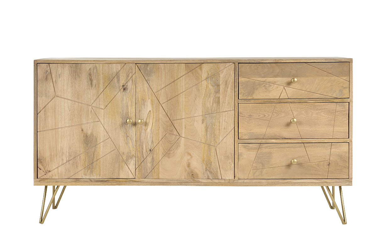 Buffet in legno di mango con 2 porte, 3 cassetti e piedi in metallo dorato, vista frontale.