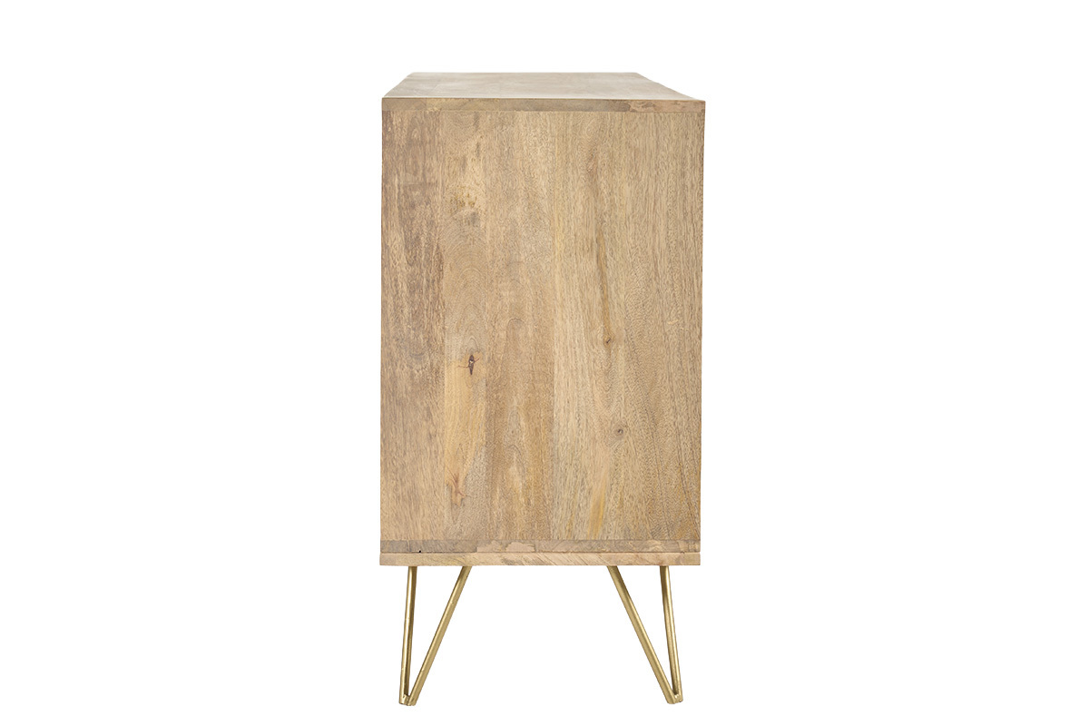 Buffet in legno massiccio di mango visto di profilo, piedi in metallo dorato.