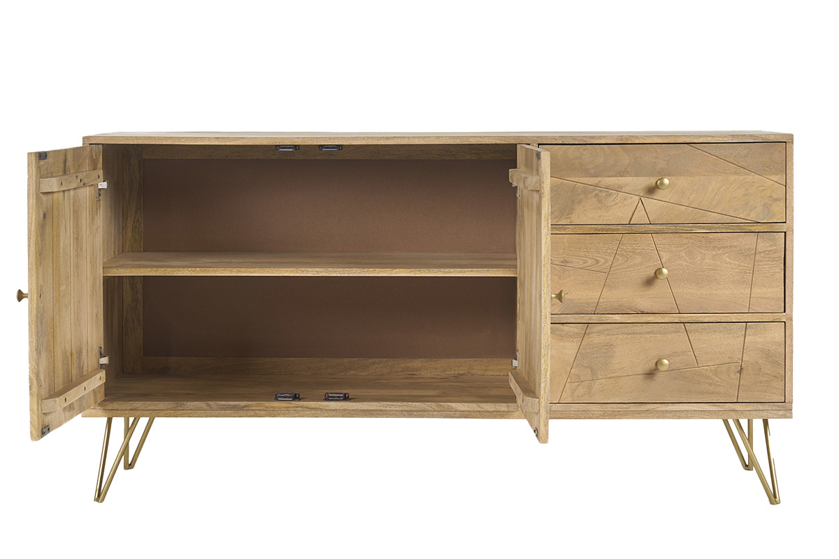 Buffet in legno di mango con 2 porte aperte e 3 cassetti, gambe in metallo dorato, vista frontale.