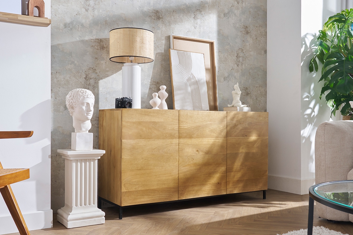Credenza industriale 3 ante in legno massello di mango e metallo YPSTER