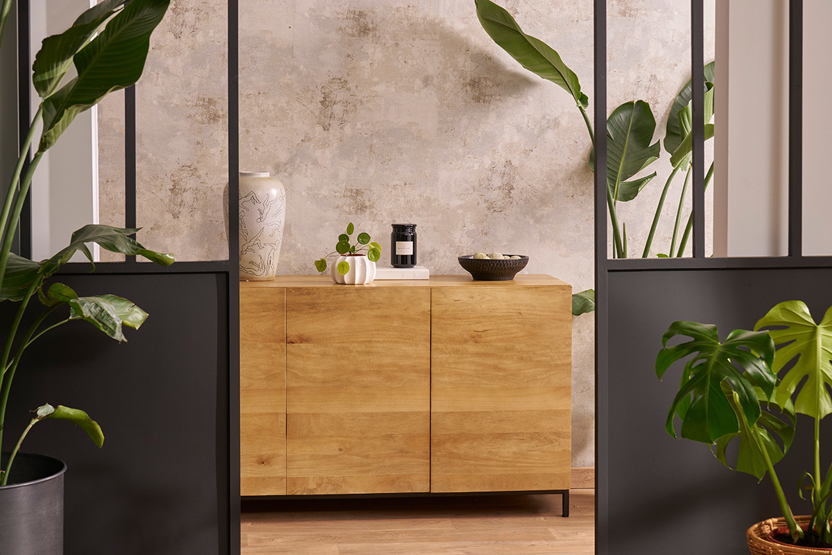 Credenza industriale 3 ante in legno massello di mango e metallo YPSTER