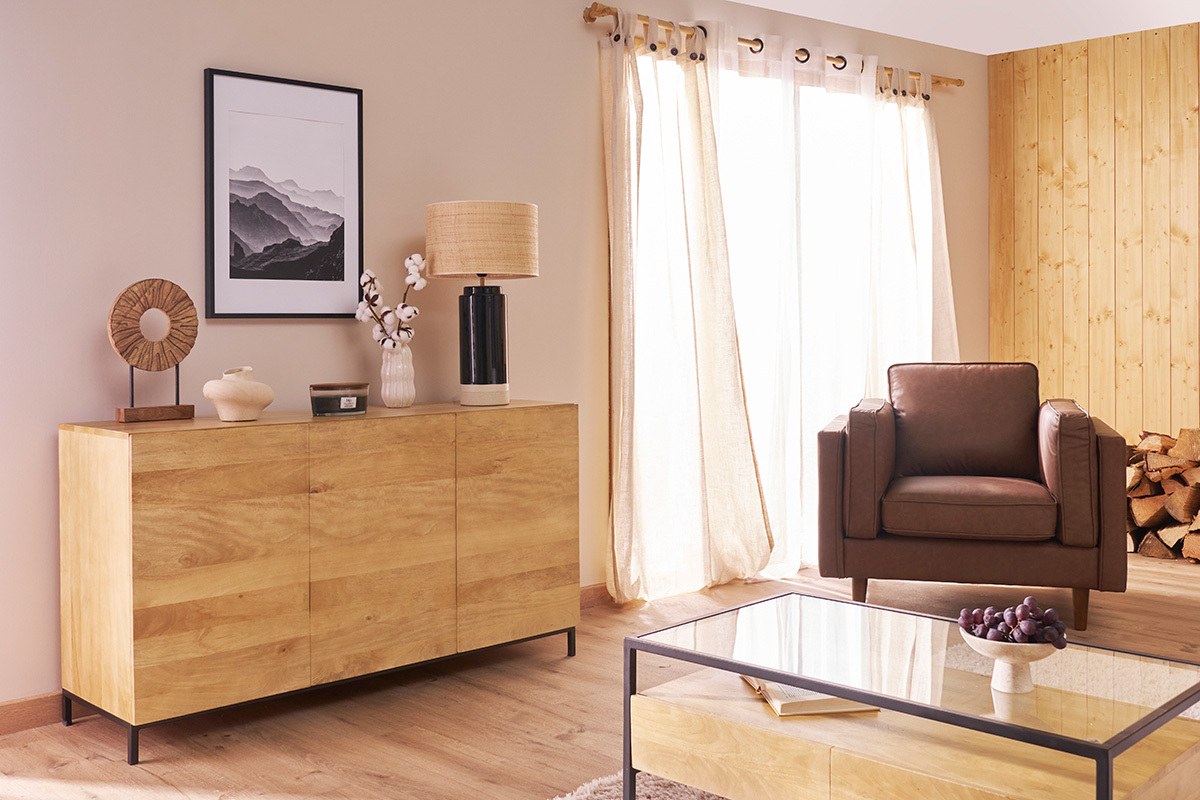 Credenza industriale 3 ante in legno massello di mango e metallo YPSTER