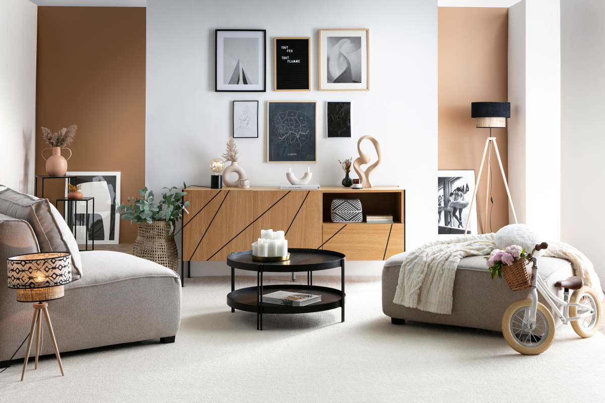 Credenza moderna con motivo inciso rovere e metallo nero L175 cm ICODE