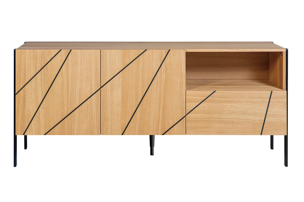 Credenza moderna con motivo inciso rovere e metallo nero L175 cm ICODE