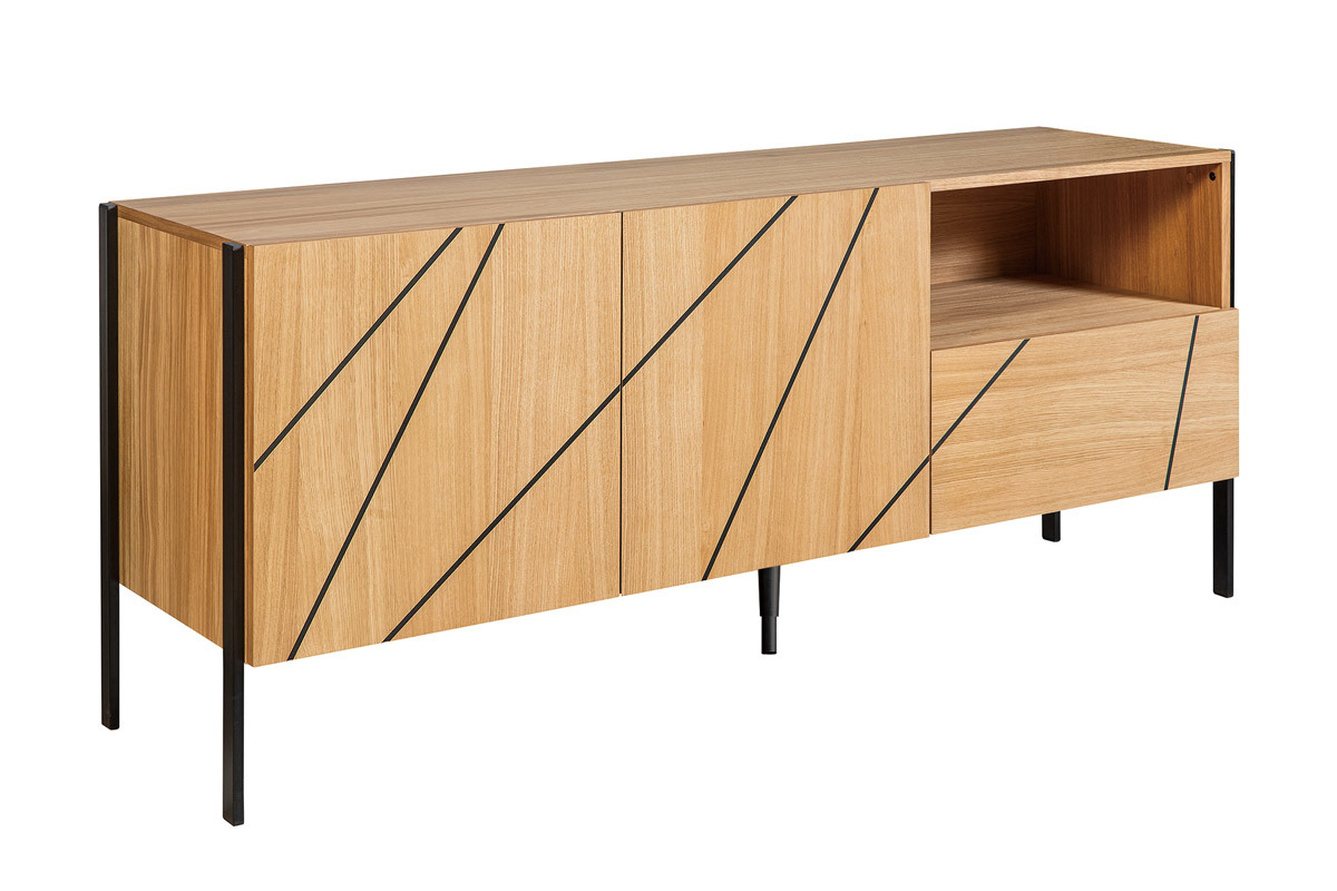 Credenza moderna con motivo inciso rovere e metallo nero L175 cm ICODE