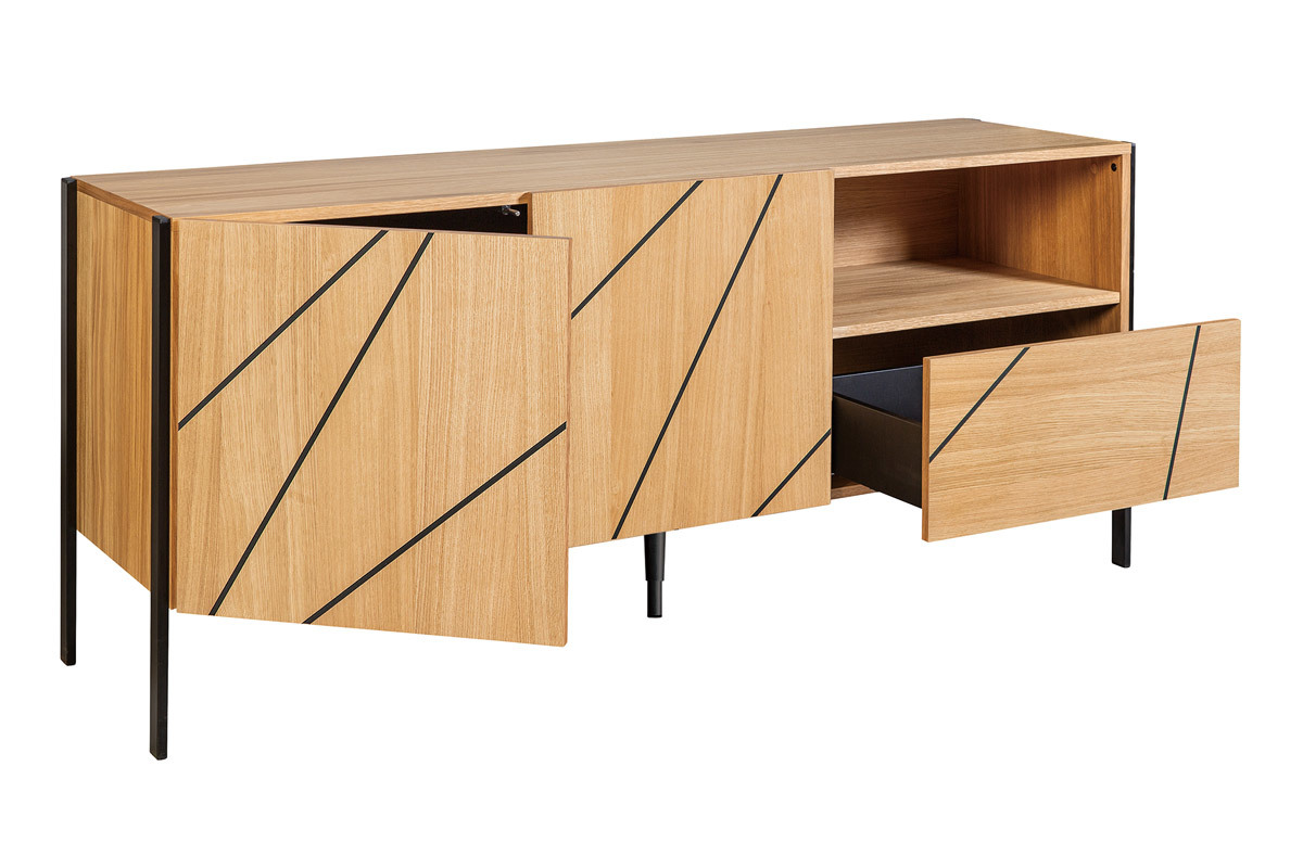 Credenza moderna con motivo inciso rovere e metallo nero L175 cm ICODE