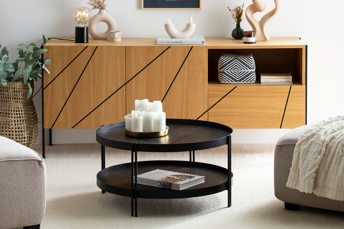 Credenza moderna con motivo inciso rovere e metallo nero L175 cm ICODE