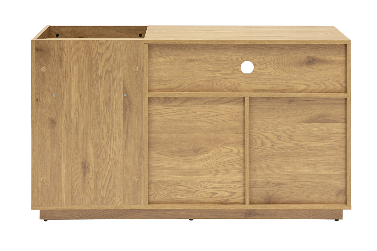 Buffet in legno chiaro di rovere con pannelli in rattan intrecciato, vista posteriore.