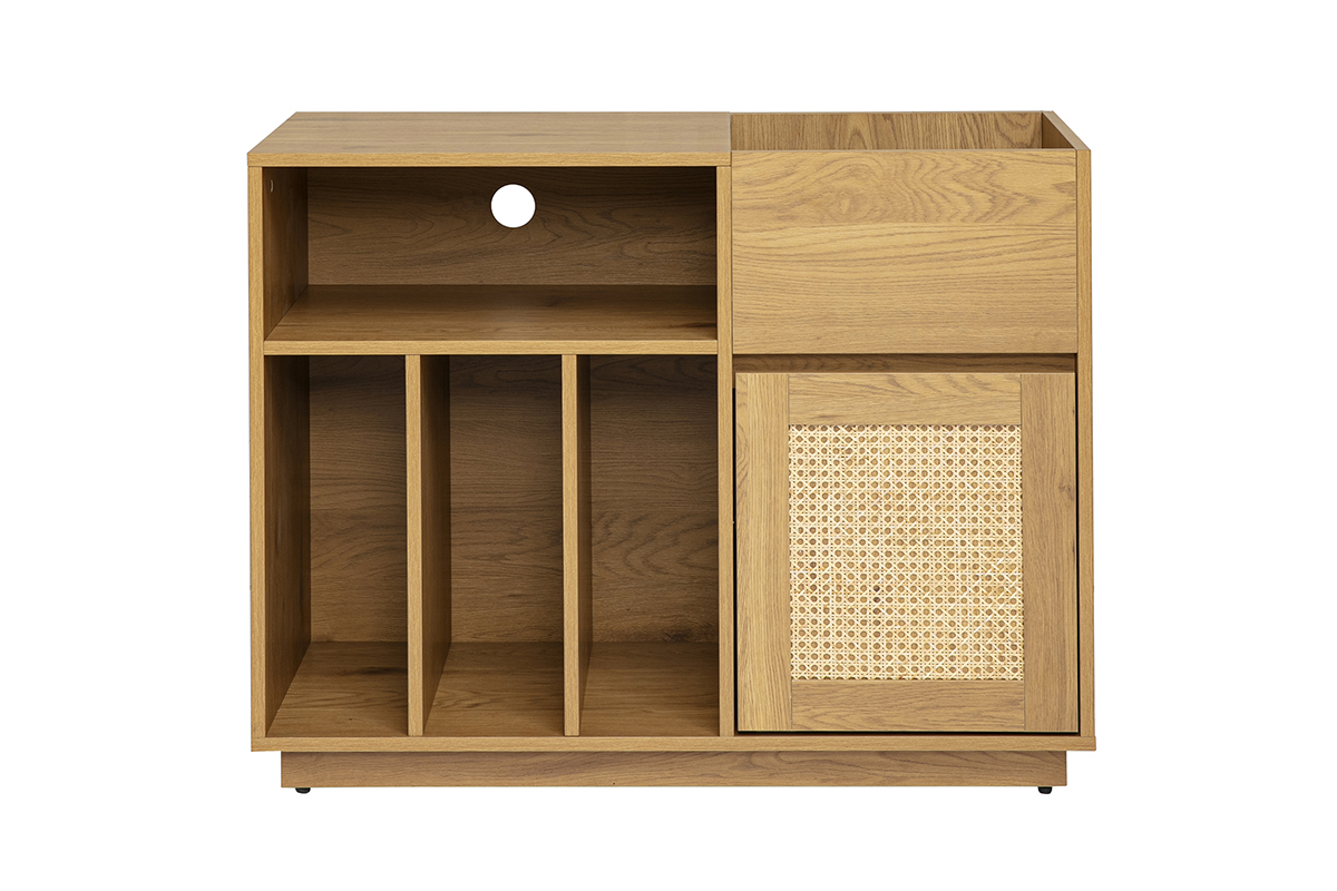 Buffet contenitore per vinili in legno chiaro di quercia con intreccio in rattan, vista frontale.