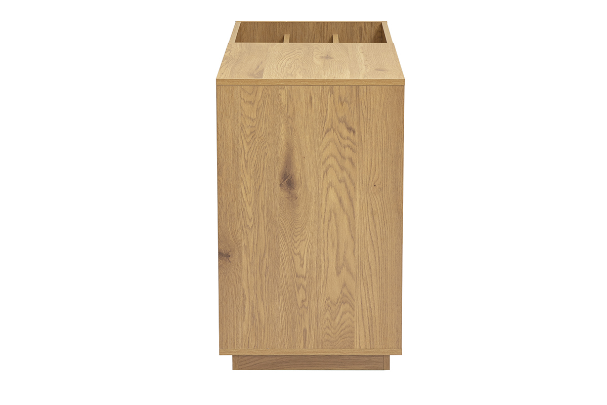 Credenza porta dischi in vinile in legno chiaro di quercia, vista laterale, con nicchie aperte