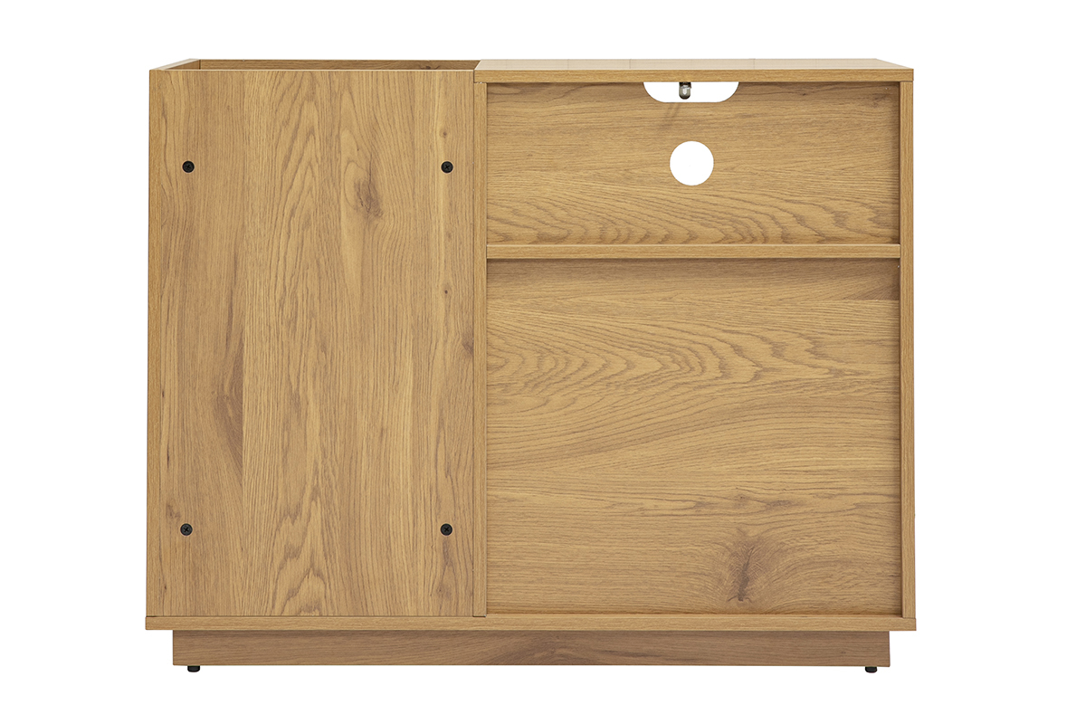 Credenza porta-vinili ALICANTE in legno chiaro effetto rovere, vista posteriore con un vano aperto e anta