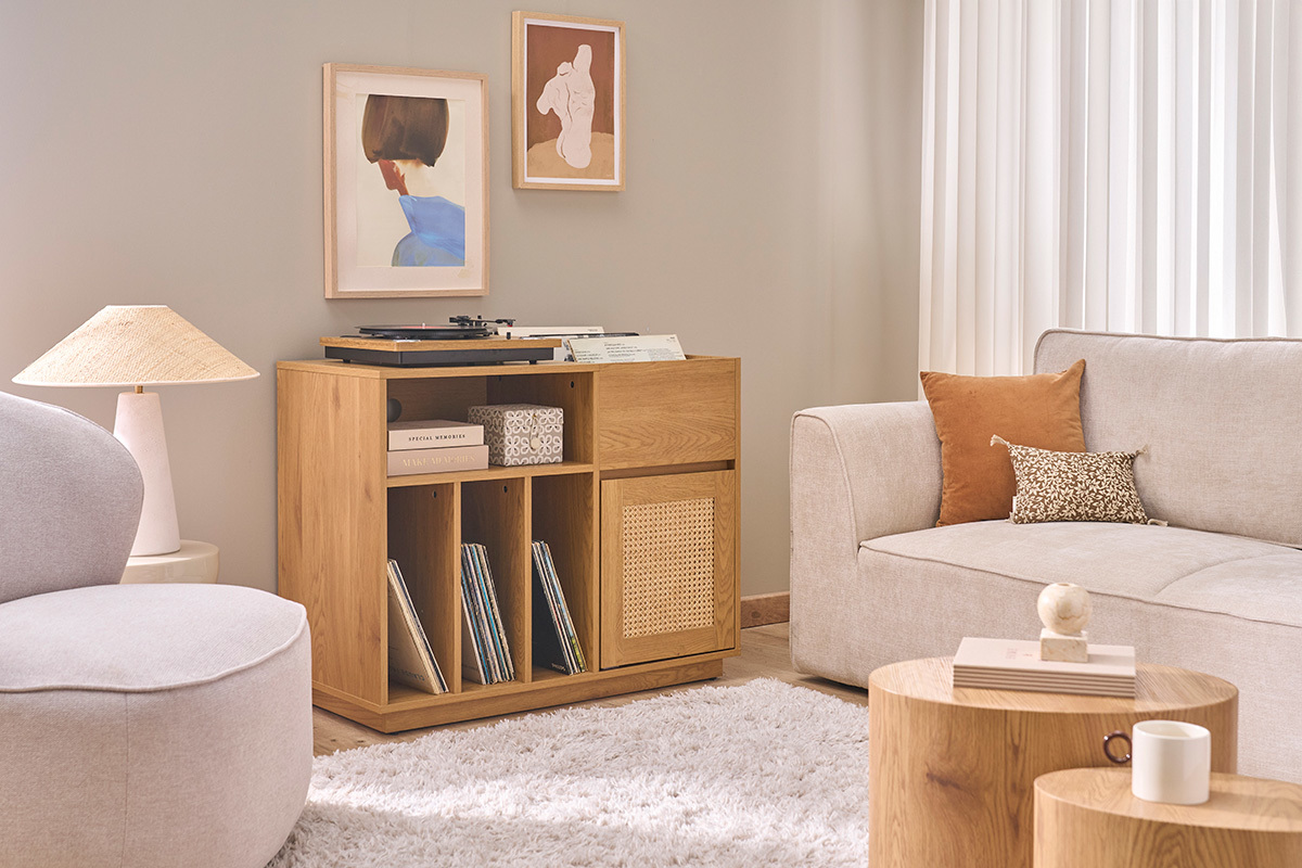 Credenza portavinili finitura legno chiaro rovere e intreccio in rattan L95 cm ALICANTE