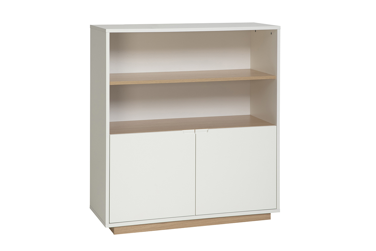 Credenza scandinava bianca con finitura in legno chiaro, 2 porte, vista a 3/4.