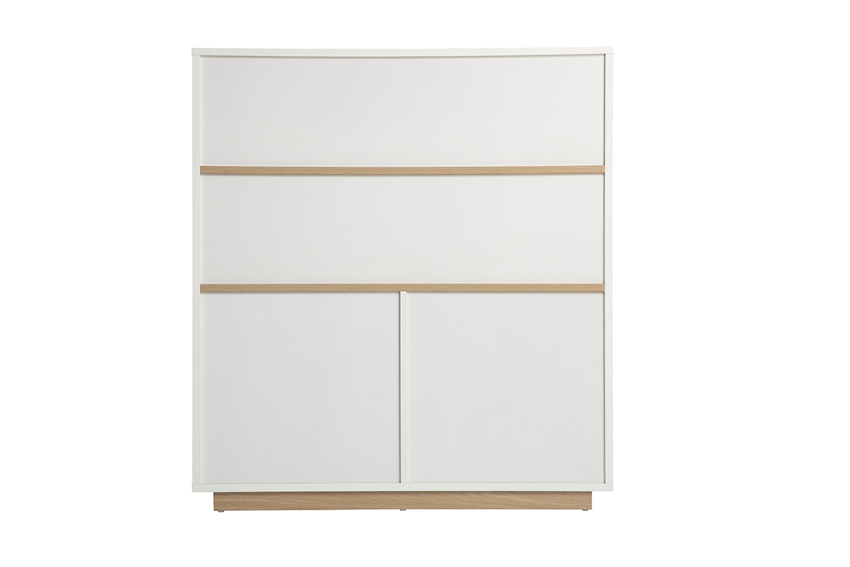 Credenza scandinava bianca con finiture in legno chiaro, vista posteriore.