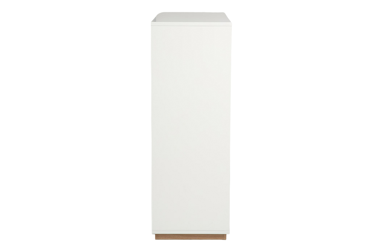 Credenza scandinava bianca e legno chiaro, vista di profilo, dimensioni L100 x P39,5 x H112 cm.