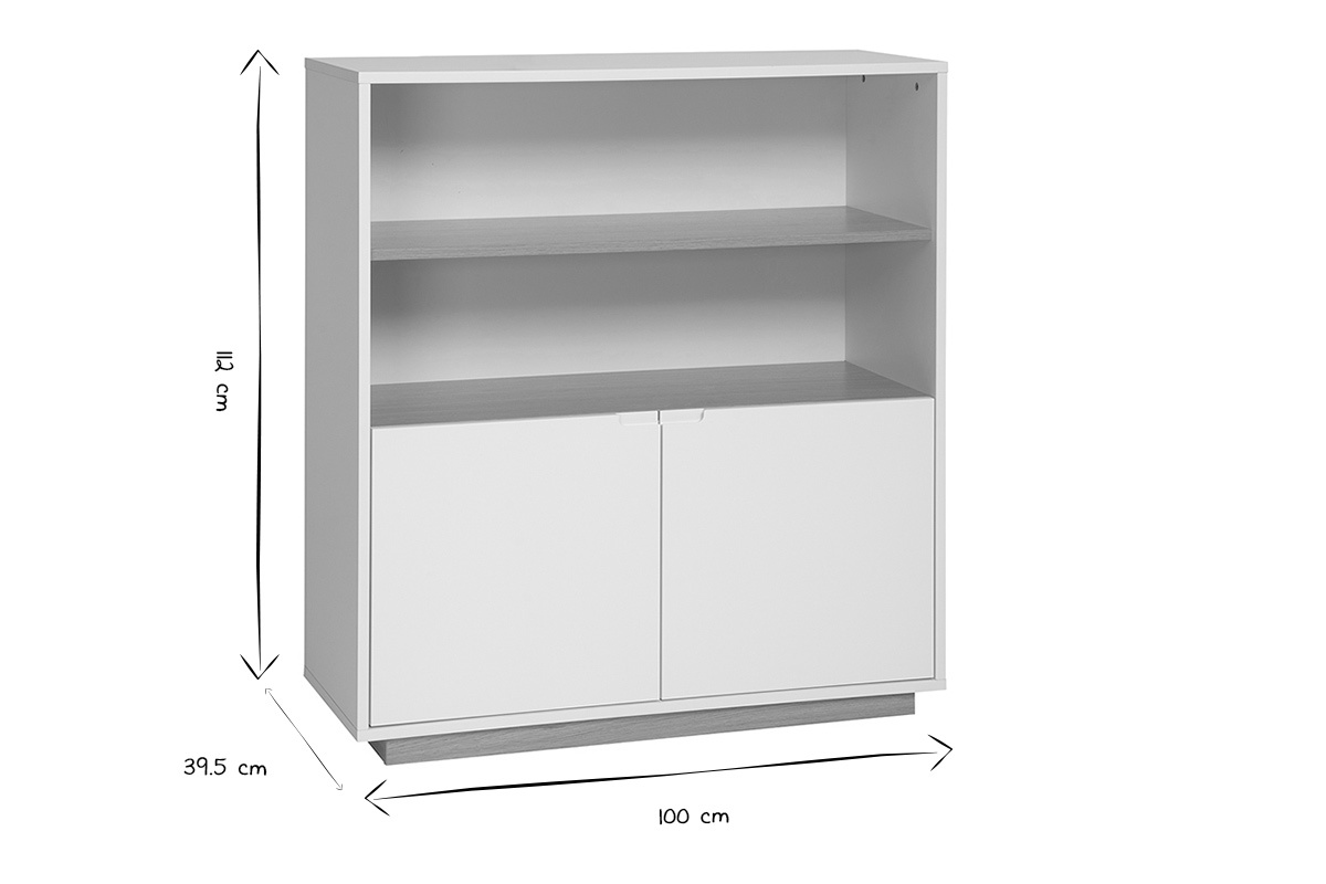 Dimensioni del buffet scandinavo: L100 cm, P39,5 cm, H112 cm in nero e bianco.
