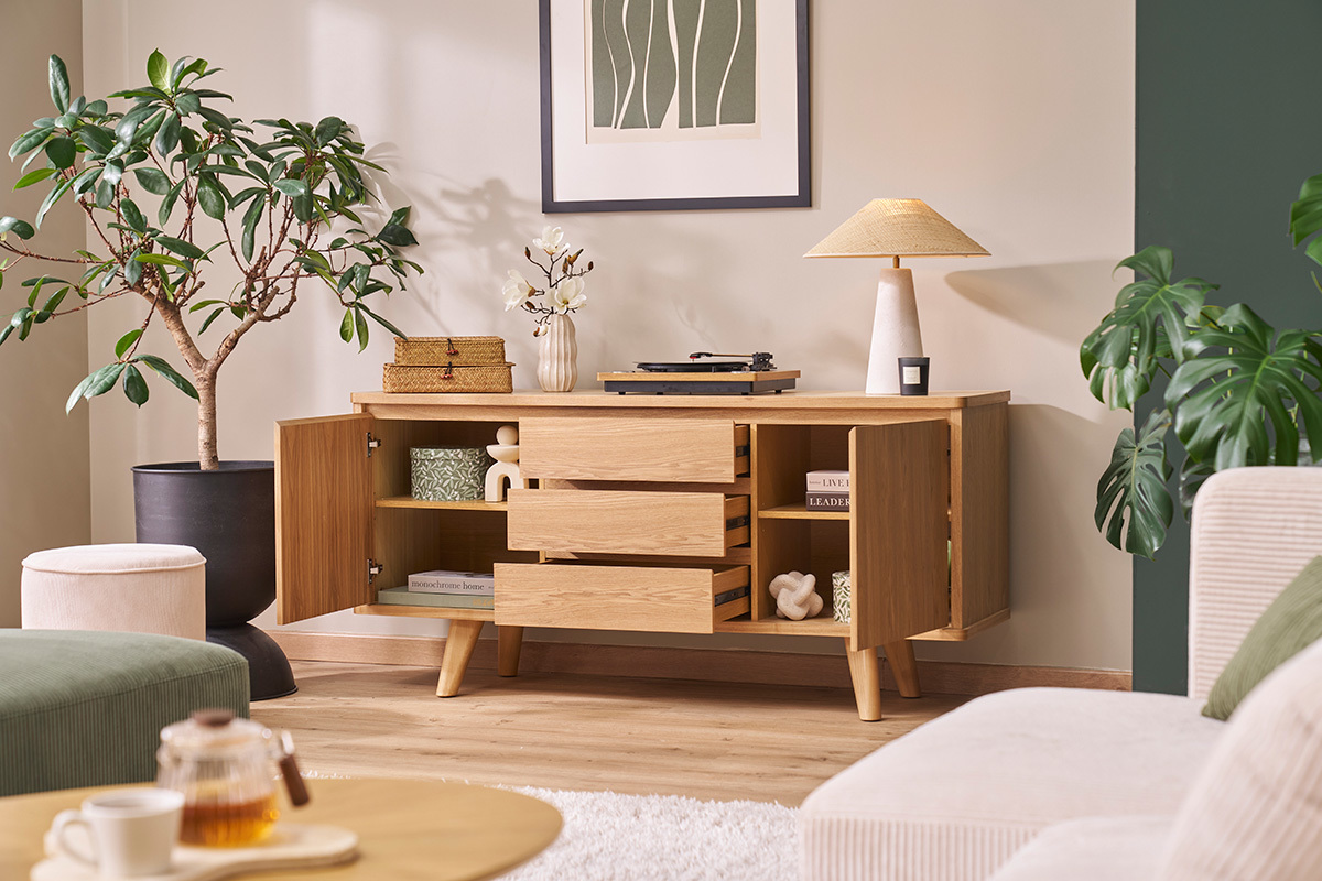 Credenza scandinava frassino con ante e cassetti L160 cm FIFTIES