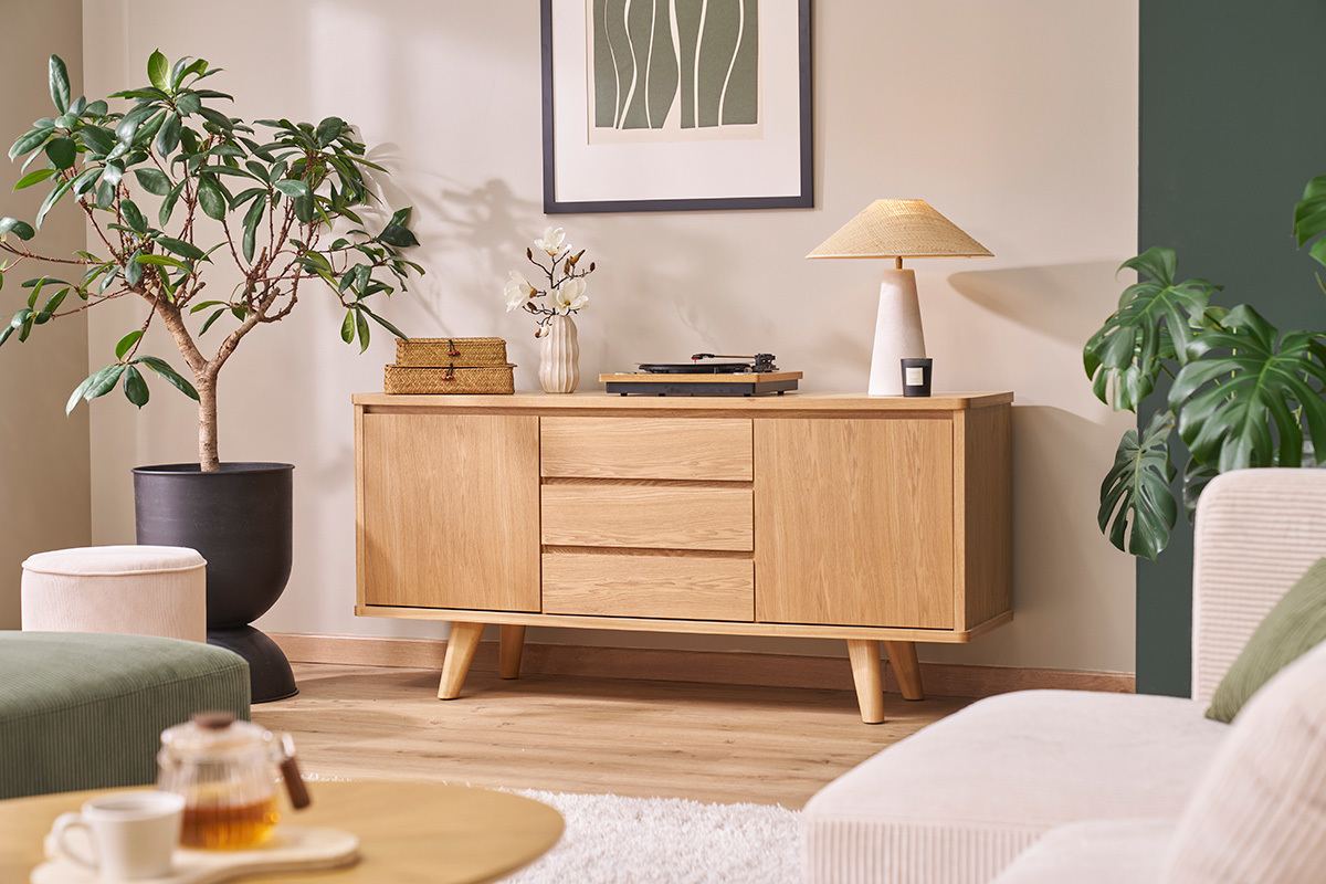 Credenza scandinava frassino con ante e cassetti L160 cm FIFTIES