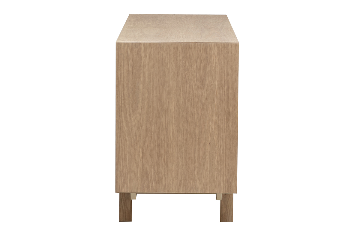 Credenza scandinava in legno chiaro, vista di profilo, su piedini in legno massello.