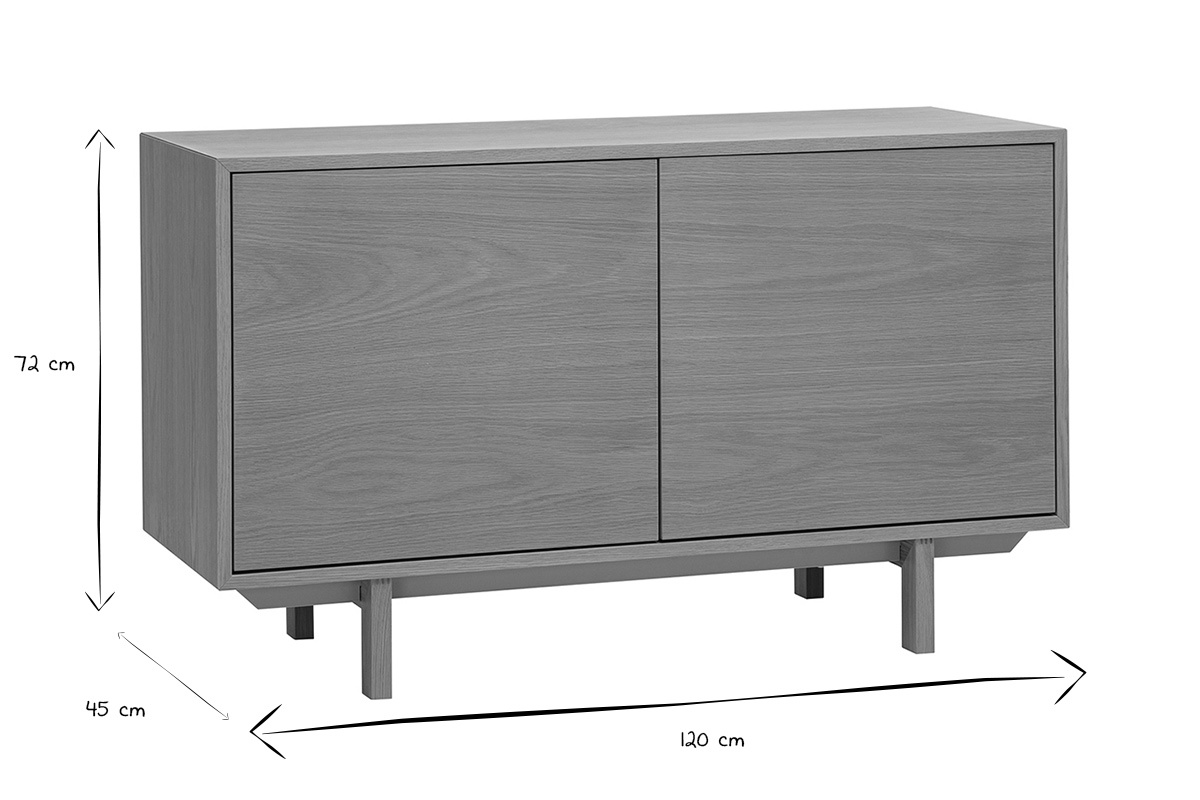 Dimensioni del buffet scandinavo in legno chiaro L120 cm, H72 cm, P45 cm in bianco e nero.