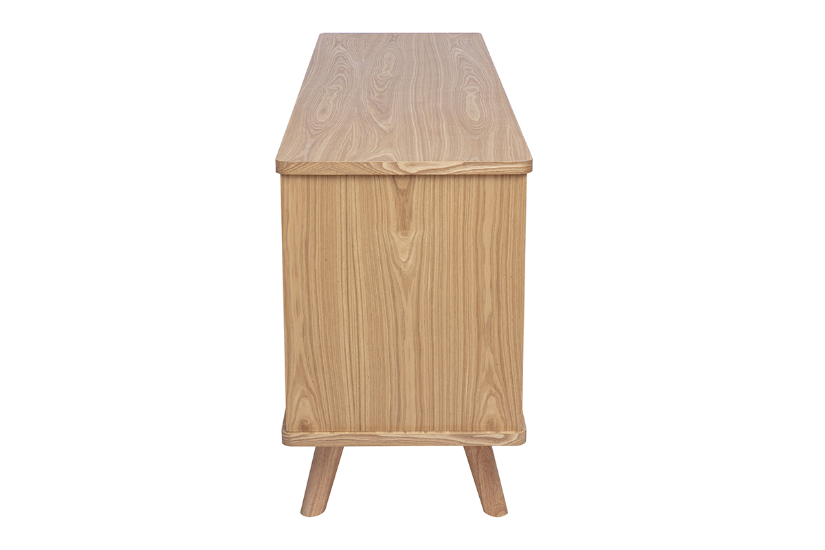 Credenza scandinava in legno chiaro di frassino, vista di profilo, 2 porte e 3 cassetti.