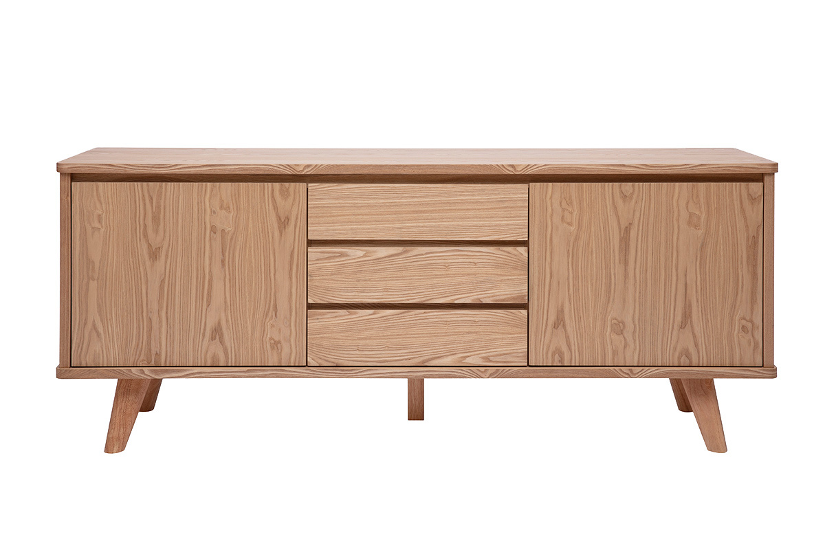 Credenza scandinava in legno chiaro di frassino, 2 porte e 3 cassetti, vista frontale.