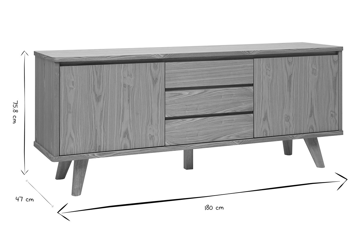 Dimensioni del buffet scandinavo in legno chiaro FIFTIES: L180 cm, P47 cm, H75,8 cm in bianco e nero.