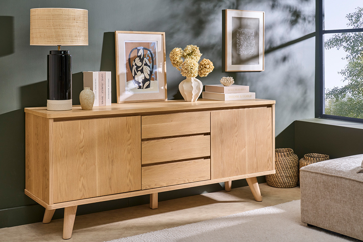 Credenza scandinava in legno chiaro di frassino 2 ante 3 cassetti L180 cm FIFTIES